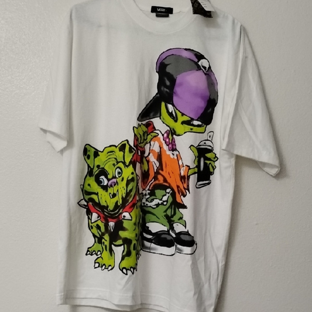 Vans White Graphic Tee with Purple, Green and Orange Design